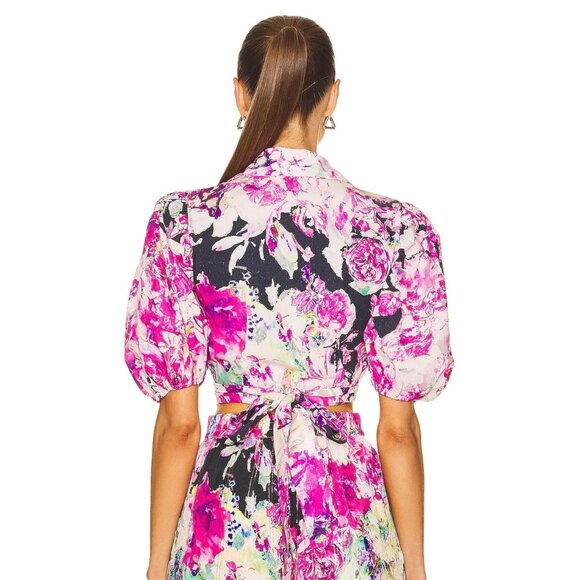 ROCOCO SAND Tessa Pink Floral Cotton Puff Sleeve Wrap Top Shorts Set, Size S - Picture 3 of 16